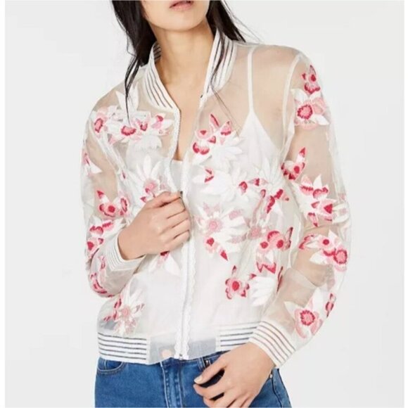 ELIE TAHARI Brandy Embroidered Silk Bomber Jacket Floral White Pink - Picture 1 of 16